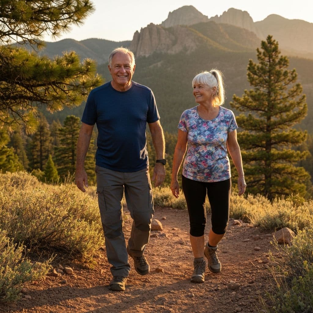 Couple hiking on a mountain trail with scenic views